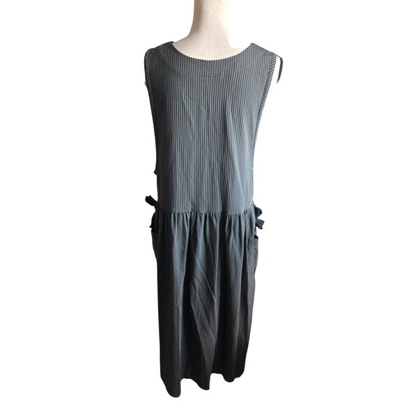 Amy Rigg Dress Gray Black Stripe Sleeveless Button Front Bow Pockets Size Small - Picture 3 of 5